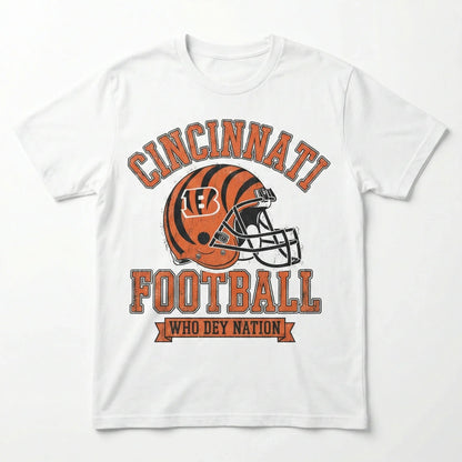 White T-shirt with Cincinnati football helmet graphic and Who Dey Nation text