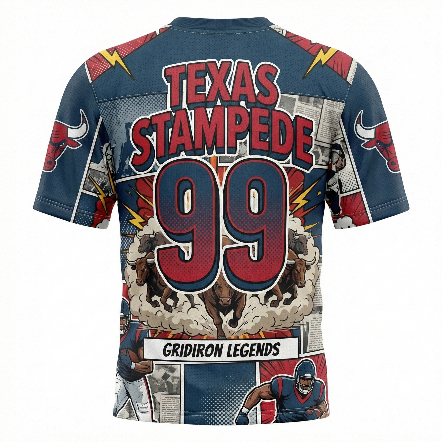 H-Town Gridiron Football Vintage Comic Style All-Over Print Jersey, Battle Red & Deep Blue Graphic Shirt