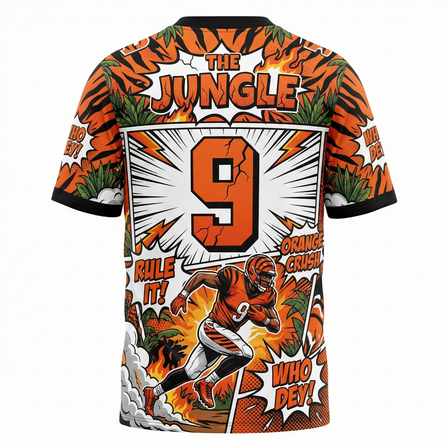 Men's Cincy Jungle Football Jersey - 90s Comic Art Orange & Black Tiger AOP Shirt
