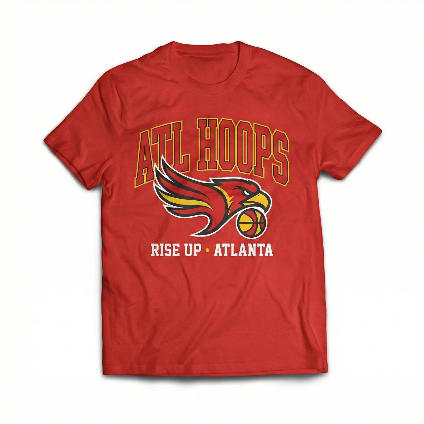 Red ATL Hoops t-shirt with hawk holding basketball graphic and Rise Up Atlanta text