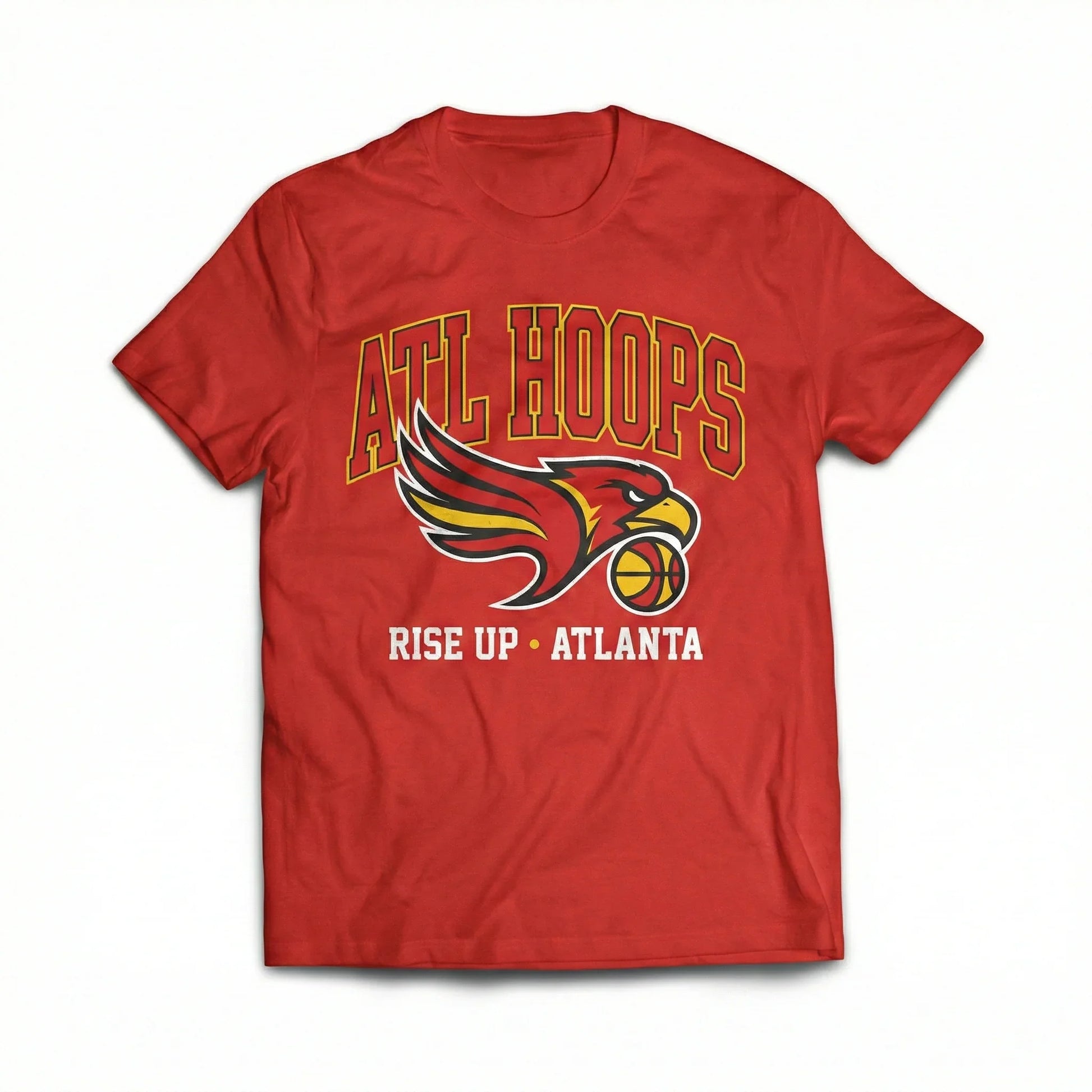 Red ATL Hoops t-shirt with hawk holding basketball graphic and Rise Up Atlanta text