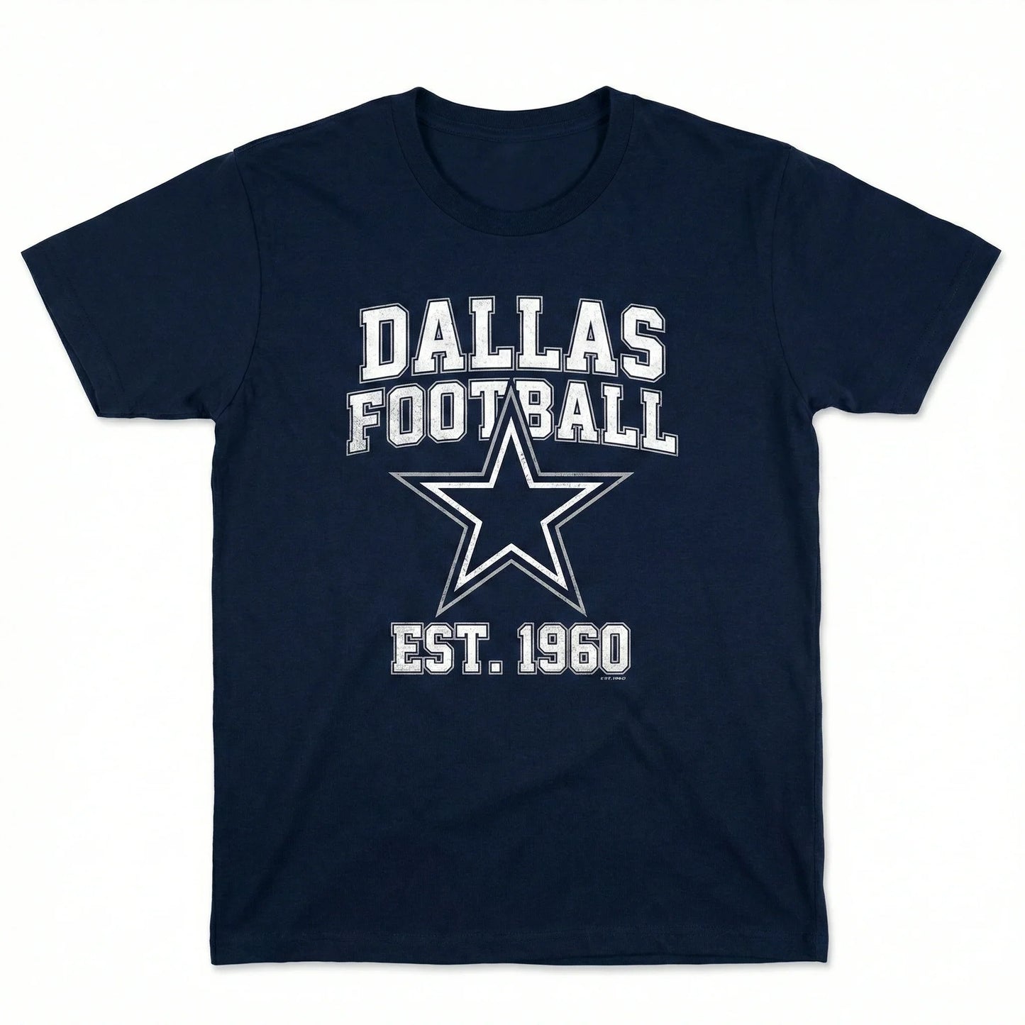 Navy blue t-shirt with Dallas football star logo and Est. 1960 text, athletic apparel