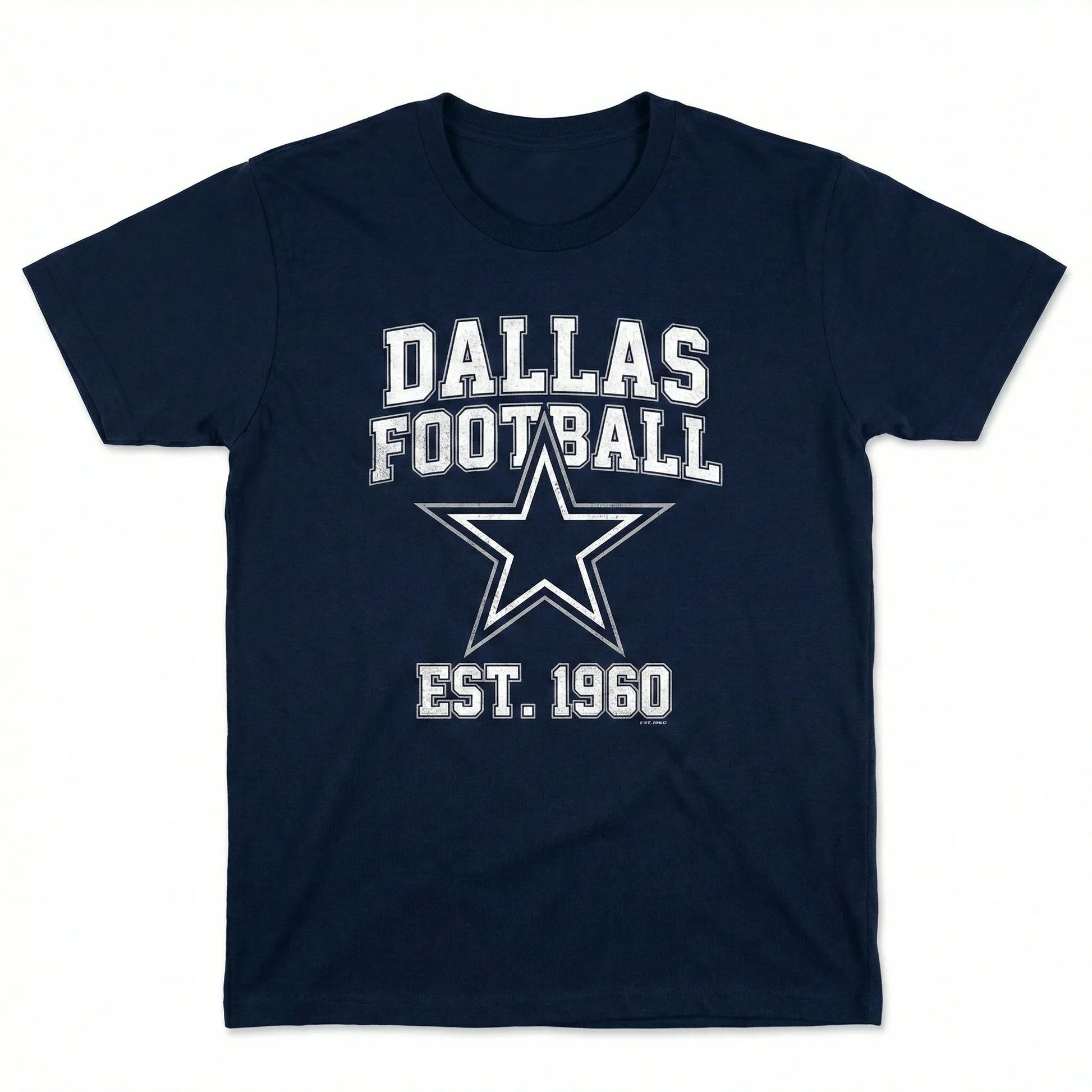 Navy blue t-shirt with Dallas football star logo and Est. 1960 text, athletic apparel