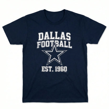 Navy blue t-shirt with Dallas football star logo and Est. 1960 text, athletic apparel