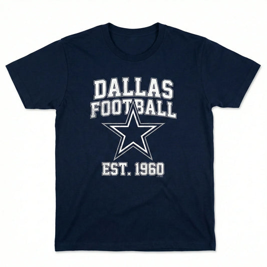 Navy blue t-shirt with Dallas football star logo and Est. 1960 text, athletic apparel