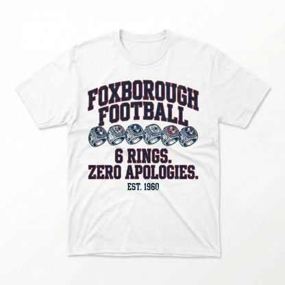 White t-shirt featuring Foxborough Football design with six rings, bold text, and EST. 1960.