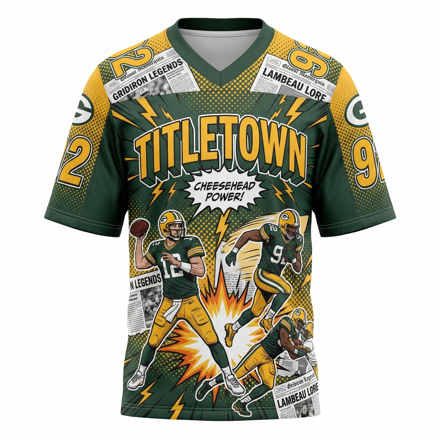 Green Gold Titletown Gridiron Comic AOP Football Jersey - 90s Bootleg Hype Gameday Apparel