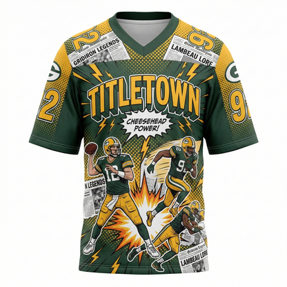 Green Gold Titletown Gridiron Comic AOP Football Jersey - 90s Bootleg Hype Gameday Apparel