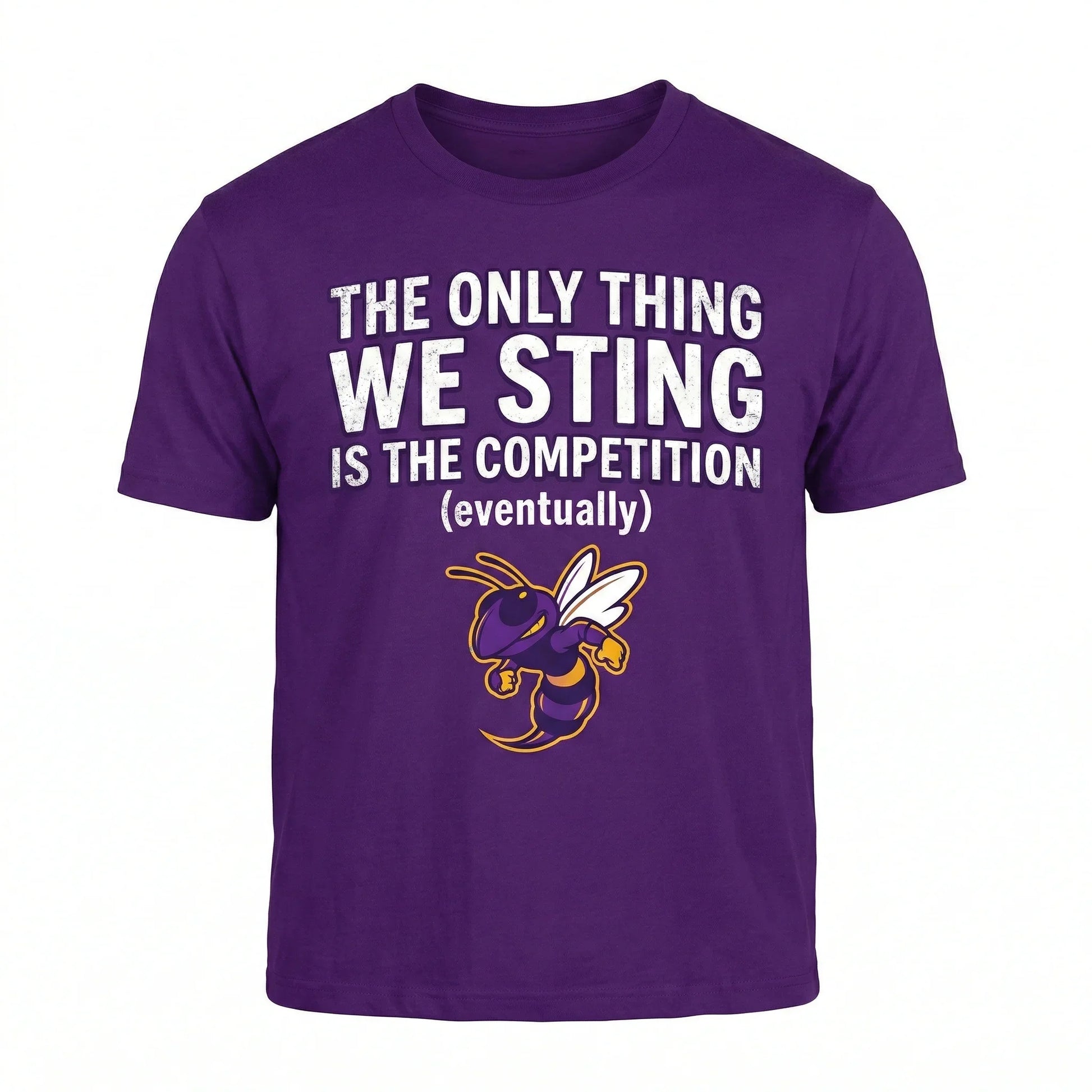 Purple t-shirt with a yellow and white hornet graphic and humorous text about competition.