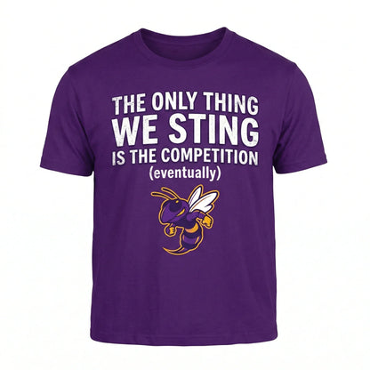 Purple t-shirt with a yellow and white hornet graphic and humorous text about competition.