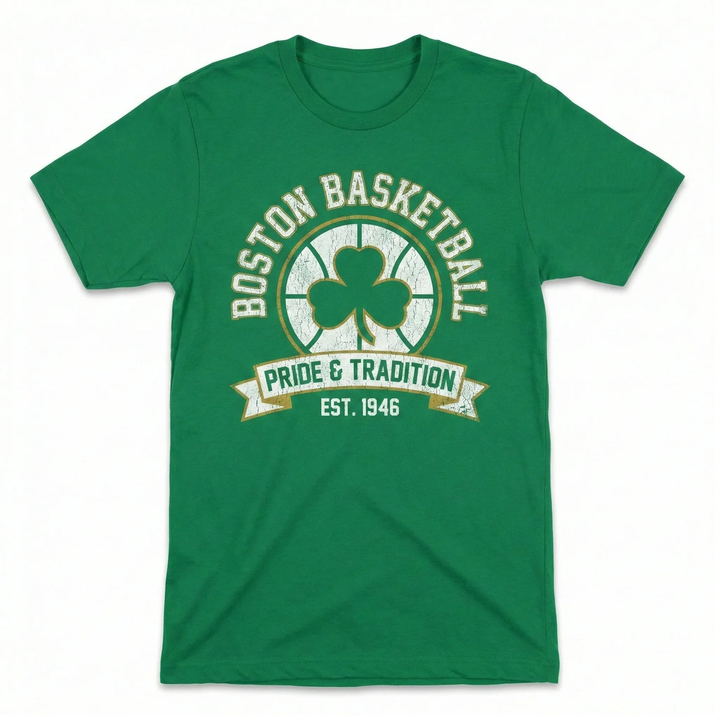 Green Boston Basketball t-shirt with shamrock and Pride & Tradition Est. 1946 print