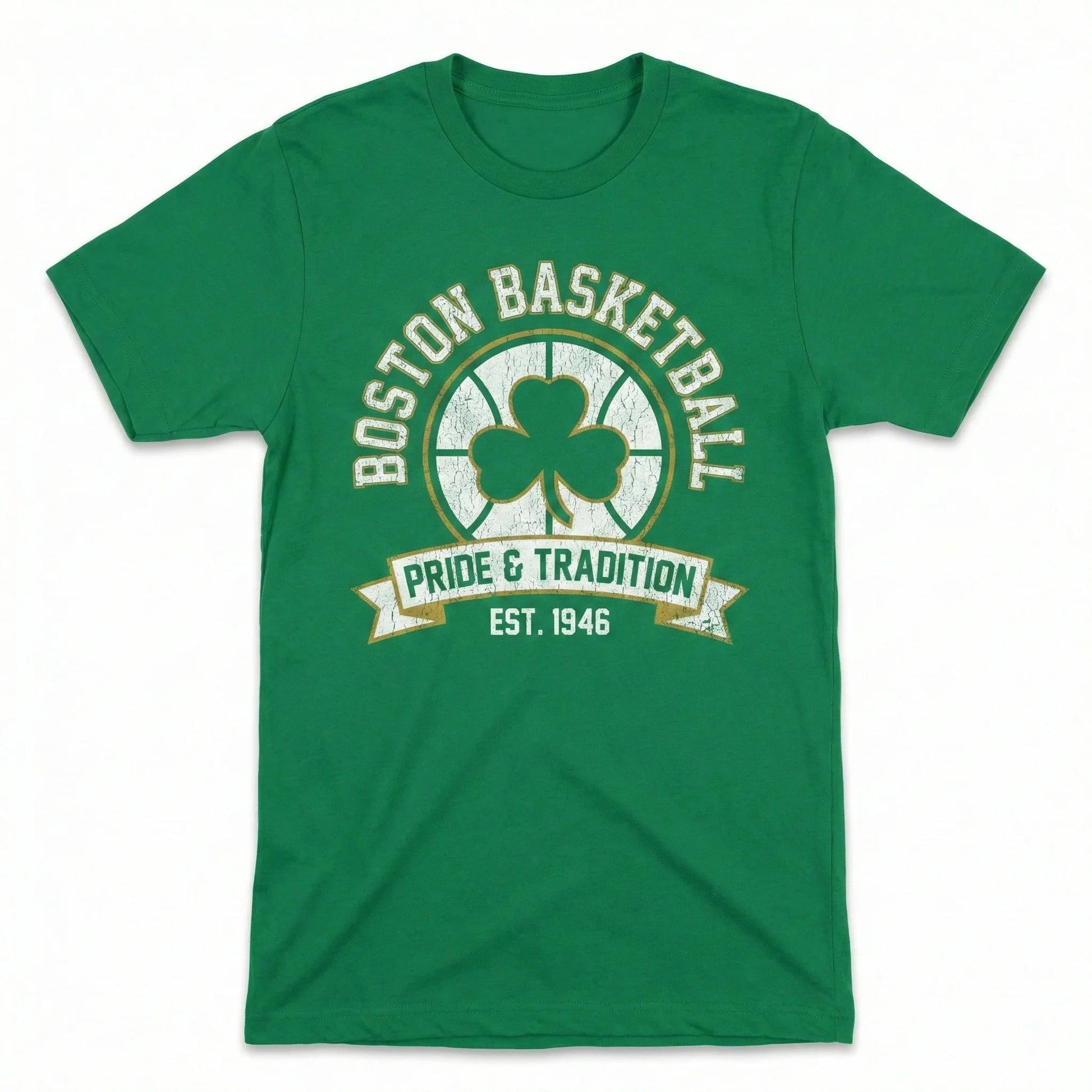 Green Boston Basketball t-shirt with shamrock and Pride & Tradition Est. 1946 print