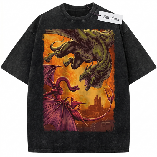 Vintage Epic Dragon Battle Unisex T-Shirt - Medieval Fantasy Realm Graphic Tee - Mythical Fire Dragon Series Inspired Shirt
