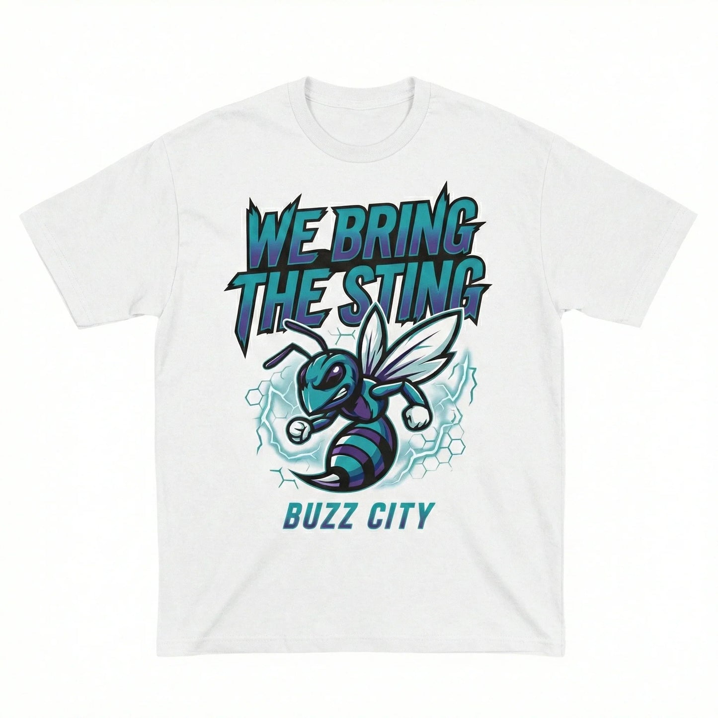 White t-shirt with cartoon hornet, text 'We Bring The Sting' and 'Buzz City', sporty design
