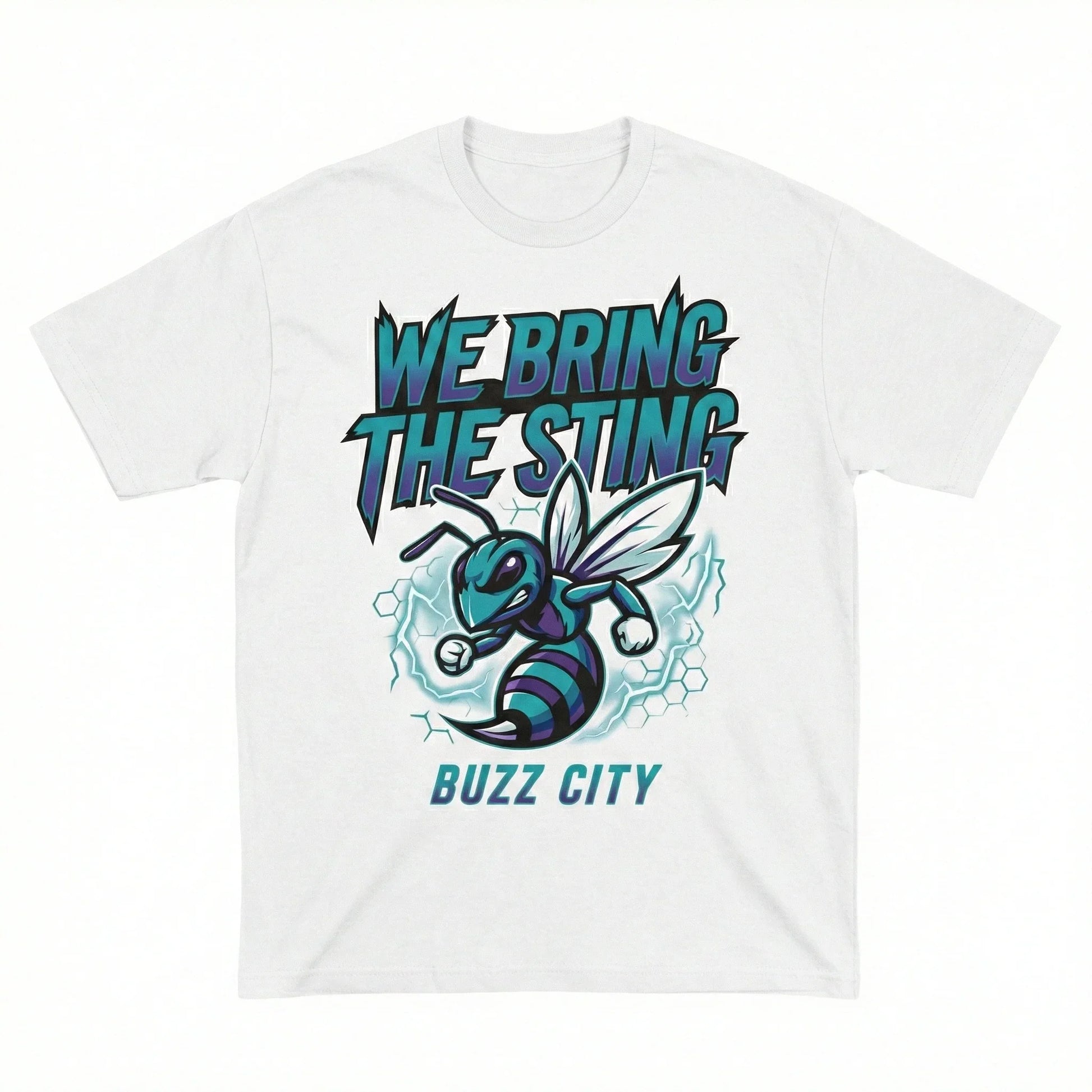 White t-shirt with cartoon hornet, text 'We Bring The Sting' and 'Buzz City', sporty design
