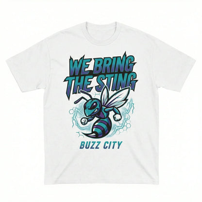 White t-shirt with cartoon hornet, text 'We Bring The Sting' and 'Buzz City', sporty design
