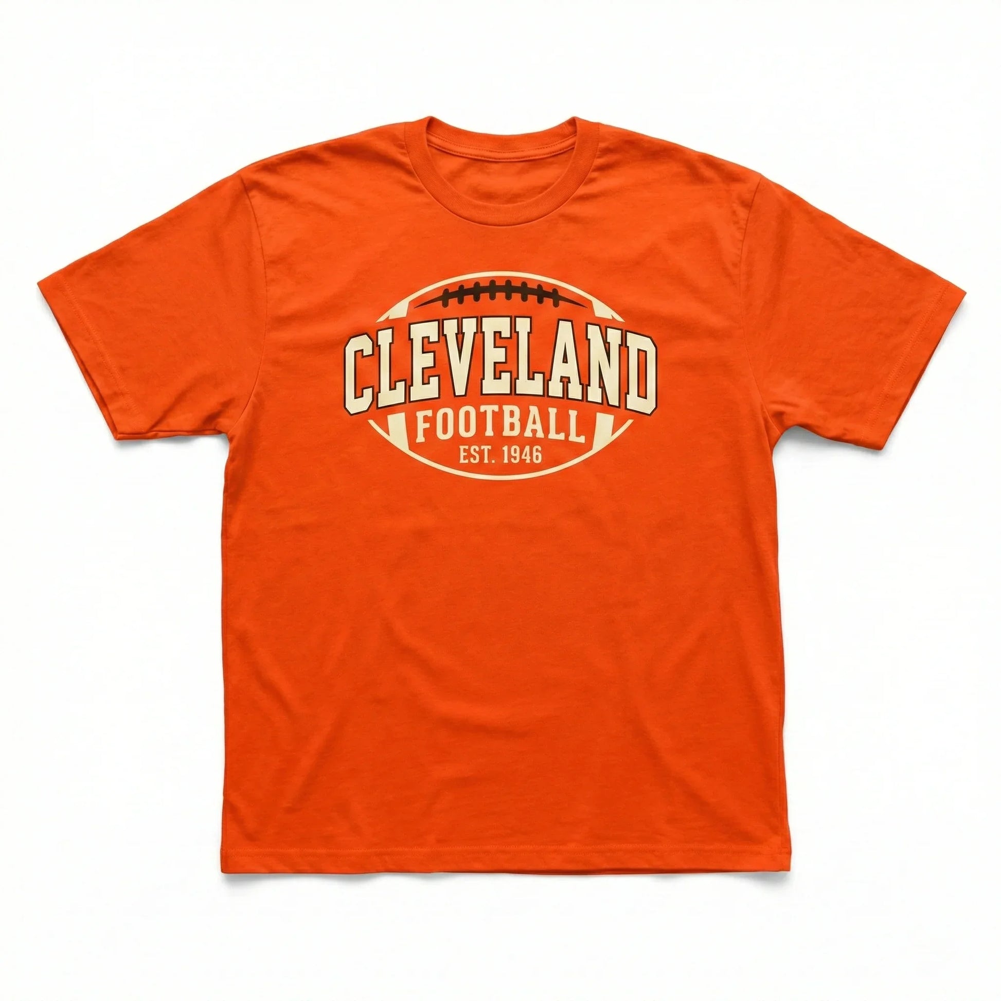 Orange t-shirt with Cleveland Football graphic and sports theme on white background