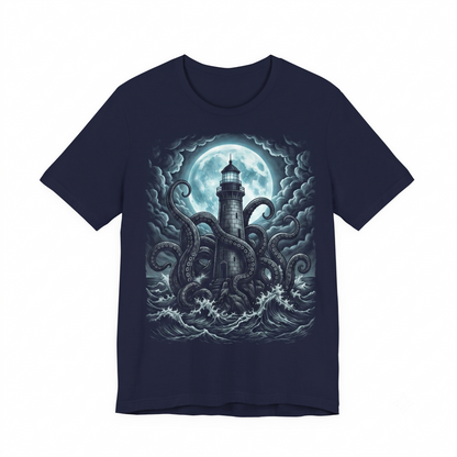 Vintage Cosmic Horror Graphic Tee - Gothic Lighthouse and Ancient Sea Monster Graphic - Eldritch Mythos Aesthetic Gift Unisex T-shirt
