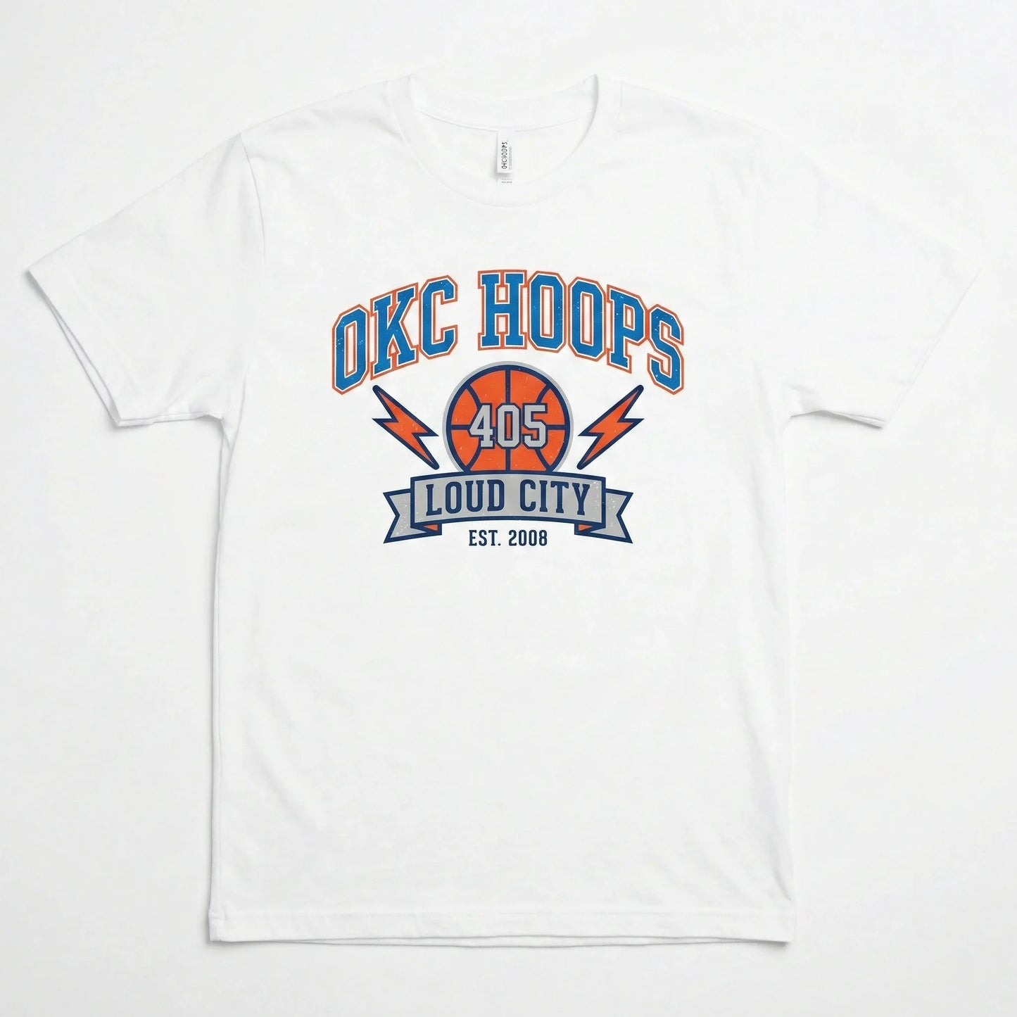 White OKC Hoops t-shirt with basketball and Loud City 405 graphic, casual sportswear