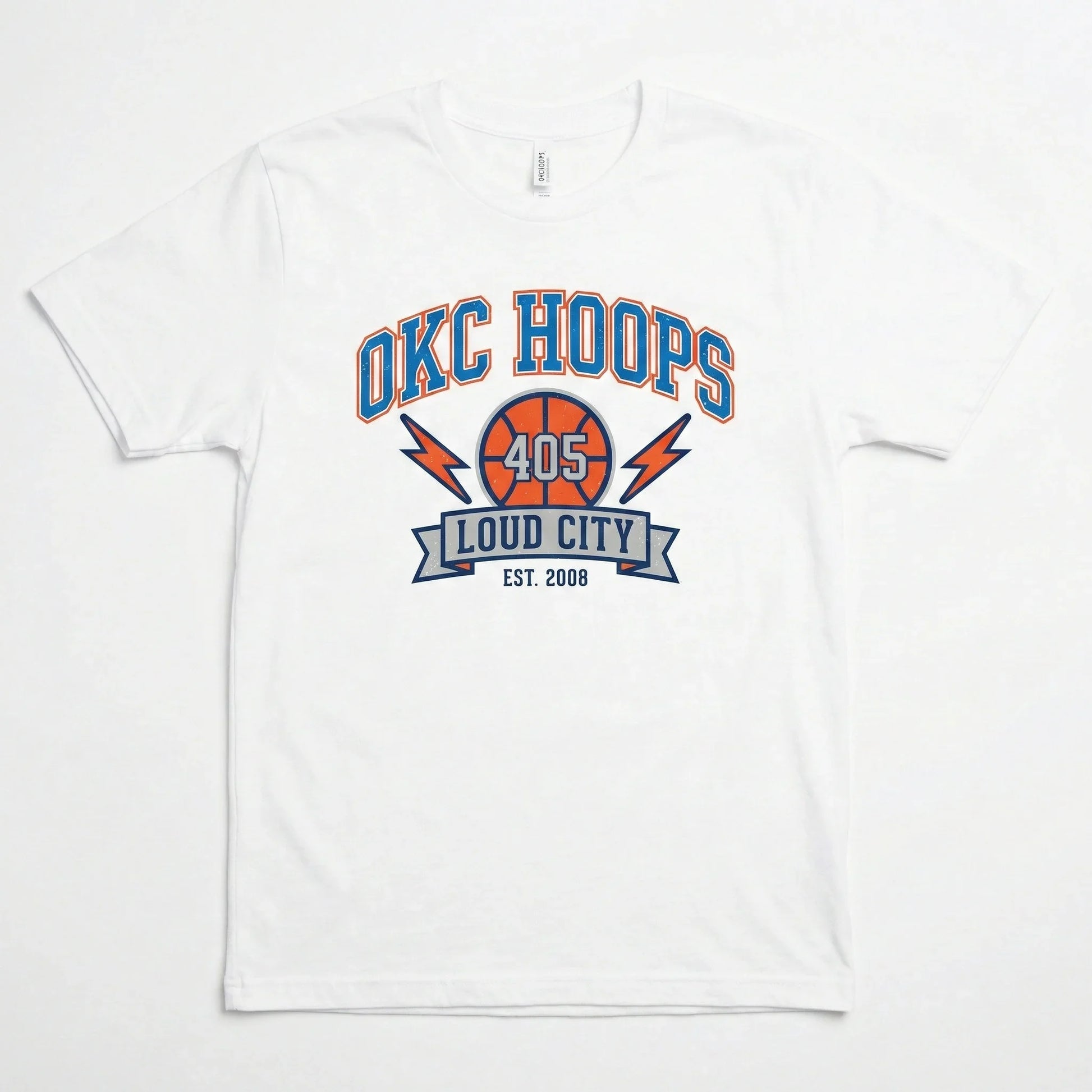 White OKC Hoops t-shirt with basketball and Loud City 405 graphic, casual sportswear