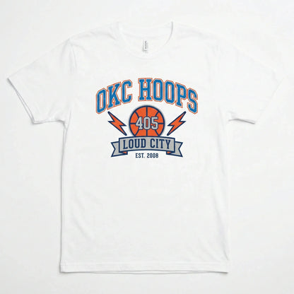White OKC Hoops t-shirt with basketball and Loud City 405 graphic, casual sportswear