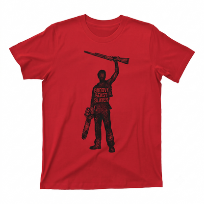 Retro Cult Horror Film Ash Character Graphic Tee - Vintage Zombie Hunter Movie Scene Merch - Unisex T-shirt