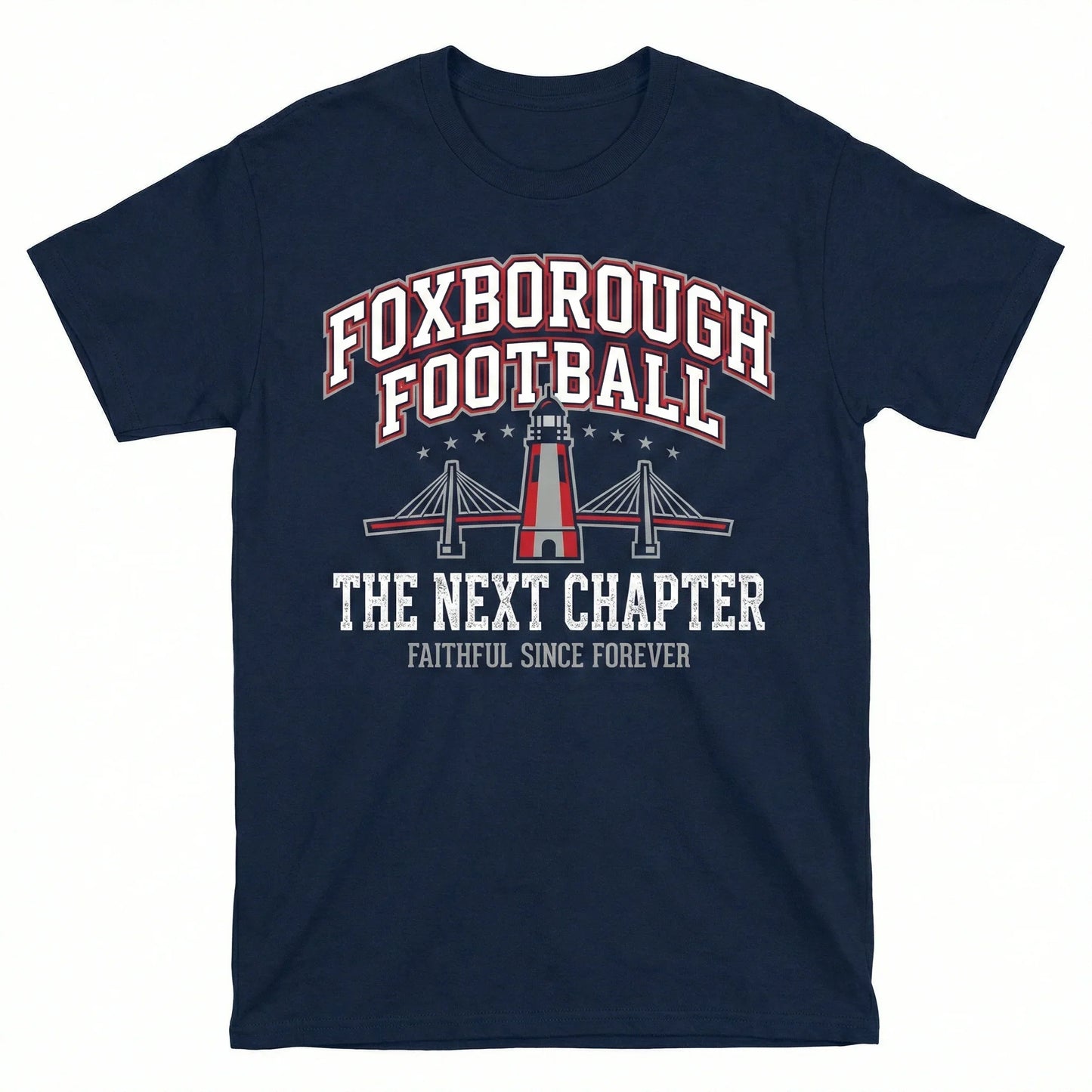 Navy blue t-shirt with 'Foxborough Football The Next Chapter' and a bridge lighthouse graphic.