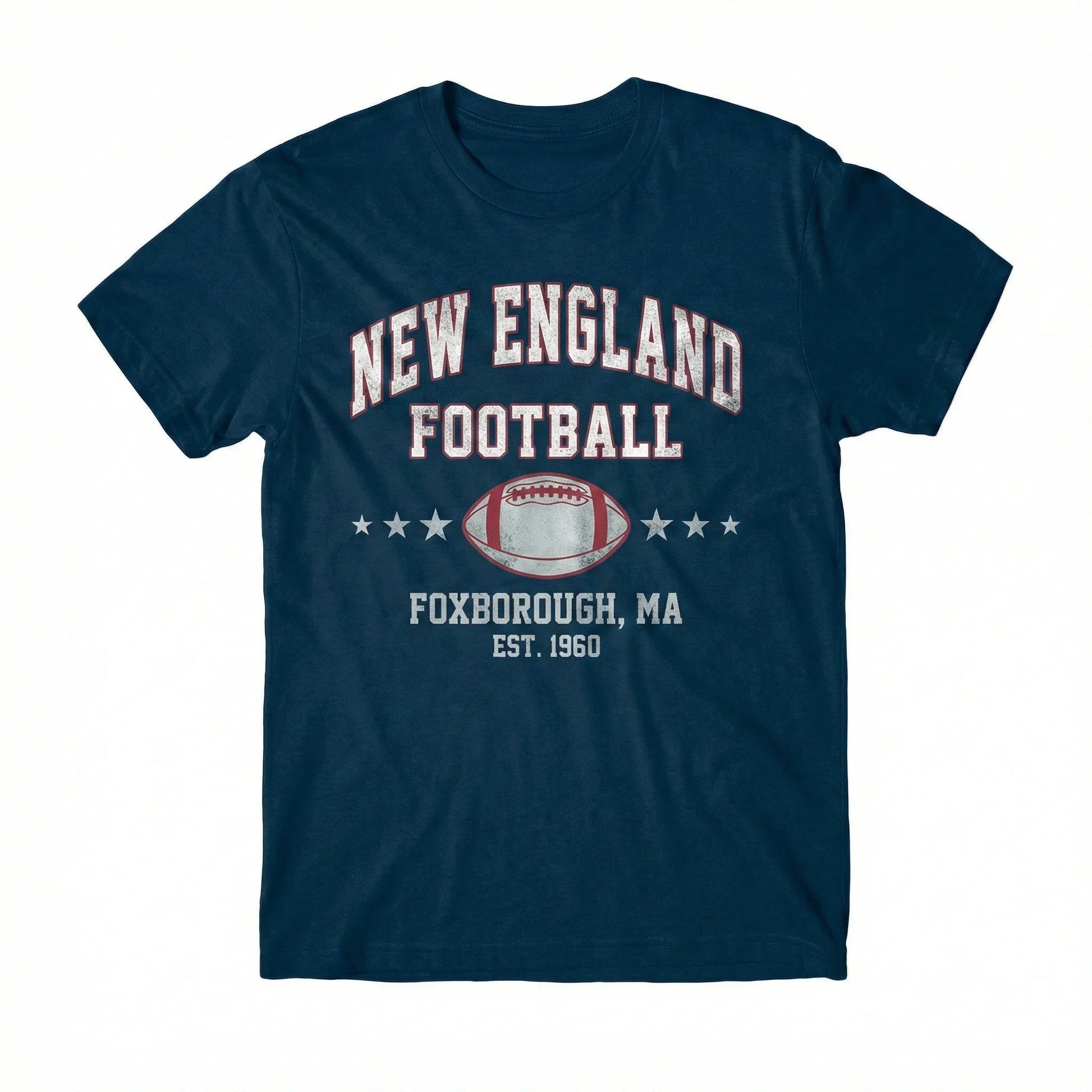 Navy t-shirt with New England football graphic, vintage style, Foxborough MA, football-themed.
