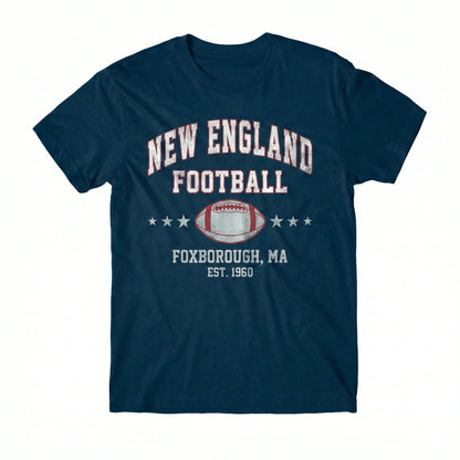 Navy t-shirt with New England football graphic, vintage style, Foxborough MA, football-themed.