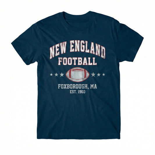 Navy t-shirt with New England football graphic, vintage style, Foxborough MA, football-themed.