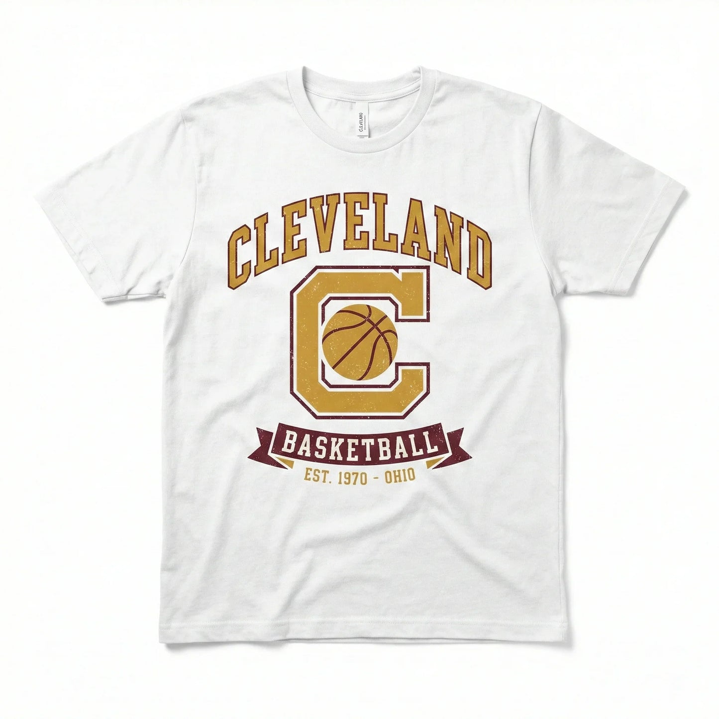 White t-shirt with Cleveland basketball graphic, large C, and gold basketball print