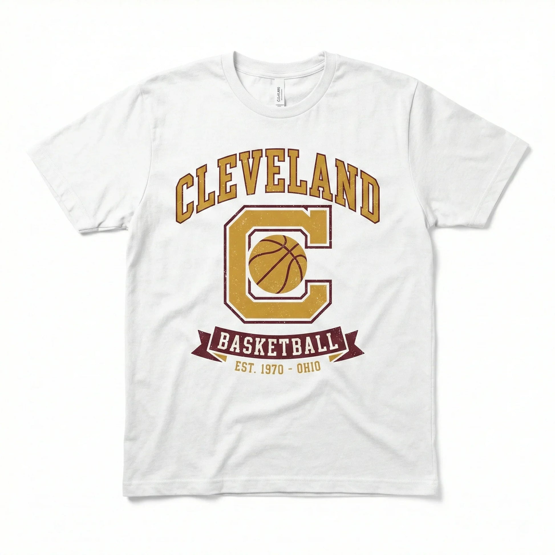 White t-shirt with Cleveland basketball graphic, large C, and gold basketball print