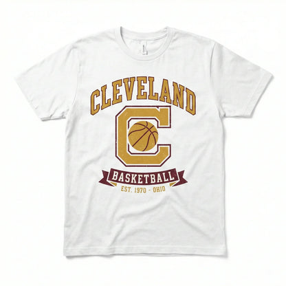 White t-shirt with Cleveland basketball graphic, large C, and gold basketball print