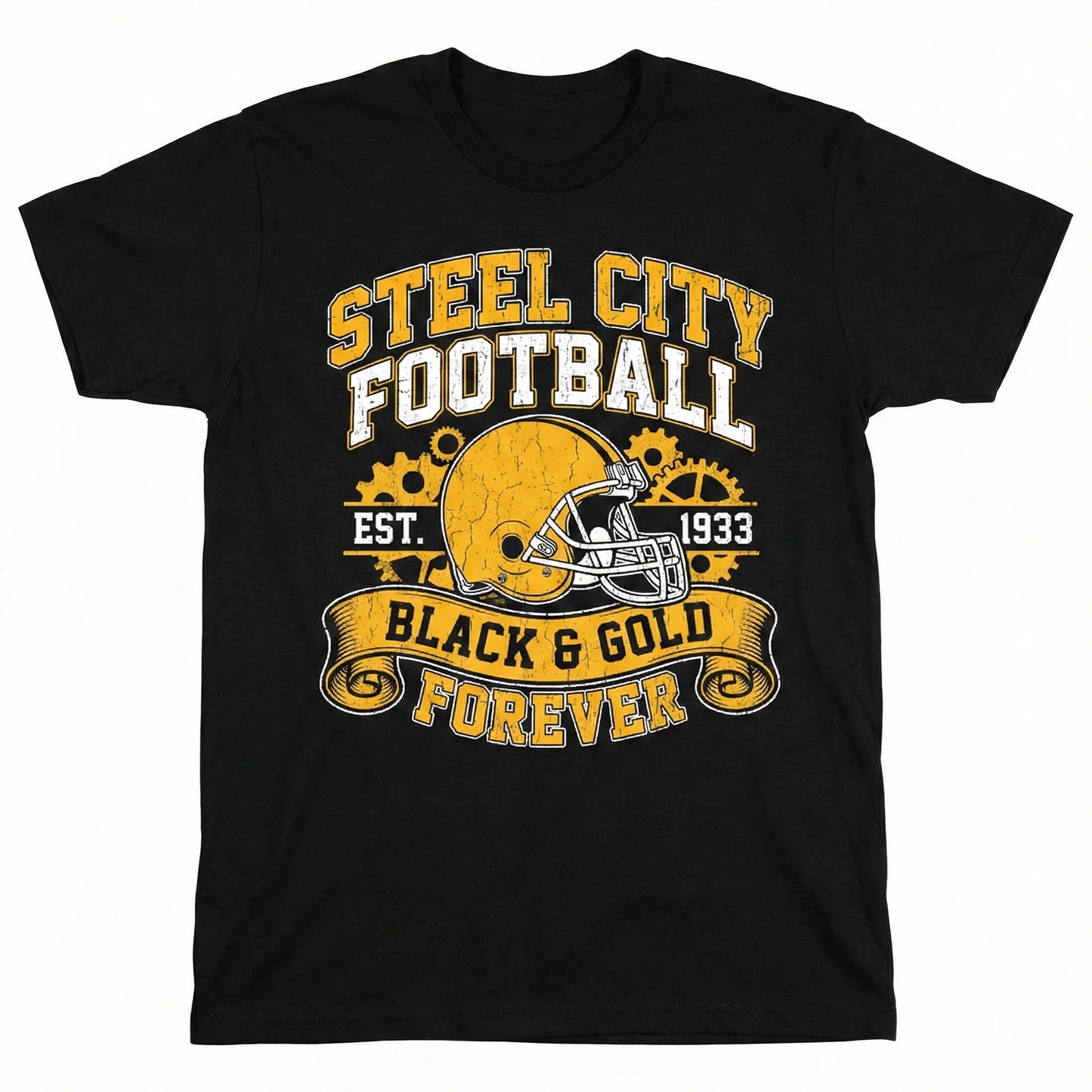 Black t-shirt featuring Steel City Football helmet graphic, yellow and white text, sports apparel