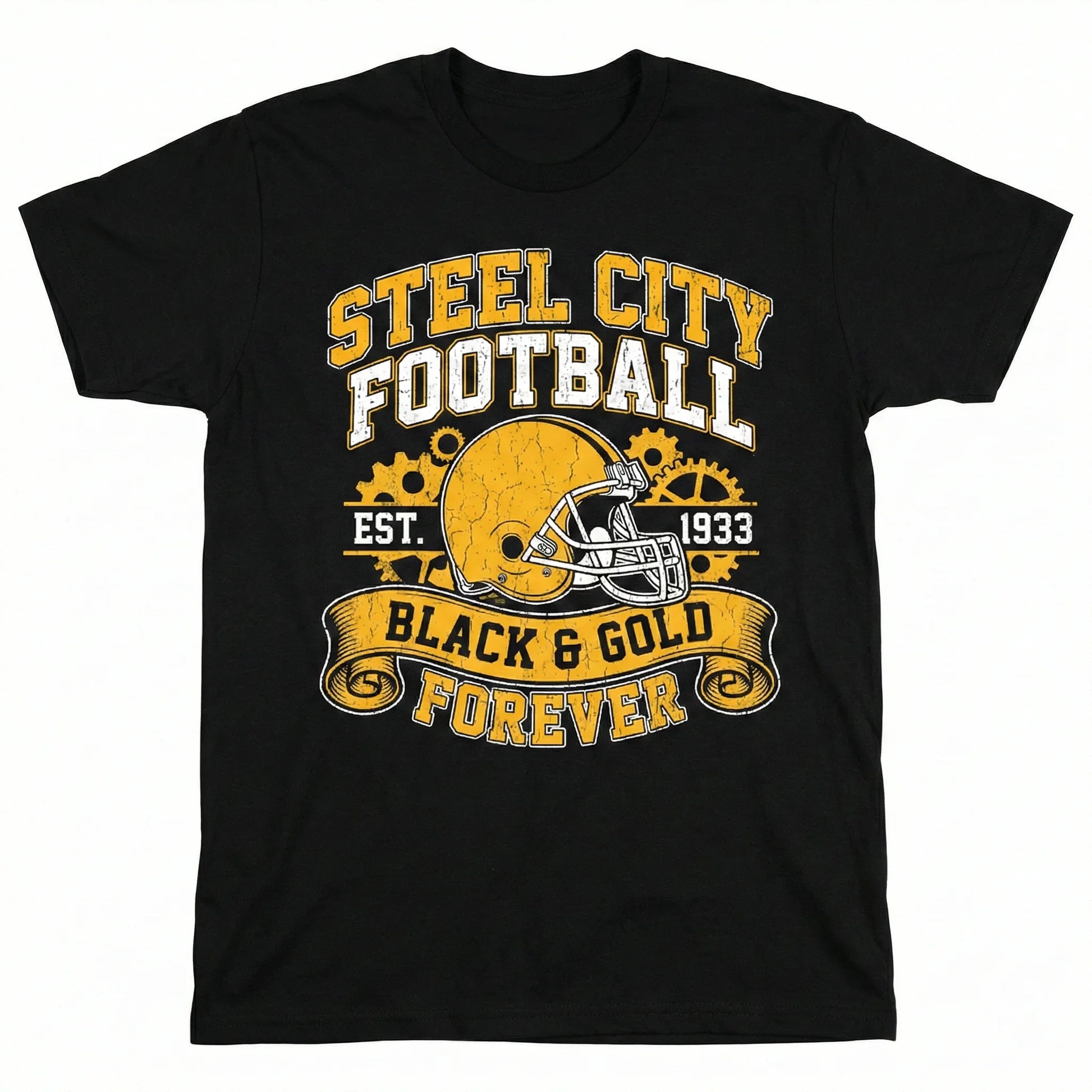 Black t-shirt featuring Steel City Football helmet graphic, yellow and white text, sports apparel