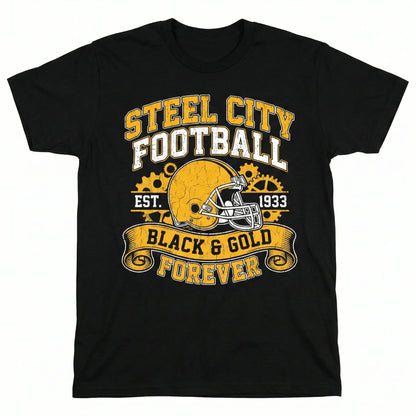 Black t-shirt featuring Steel City Football helmet graphic, yellow and white text, sports apparel
