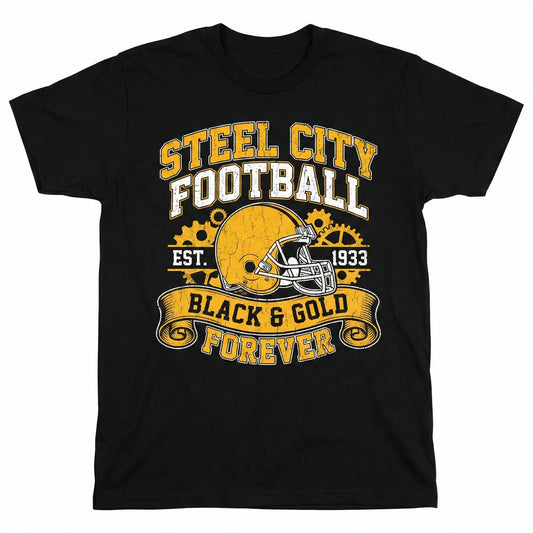 Black t-shirt featuring Steel City Football helmet graphic, yellow and white text, sports apparel