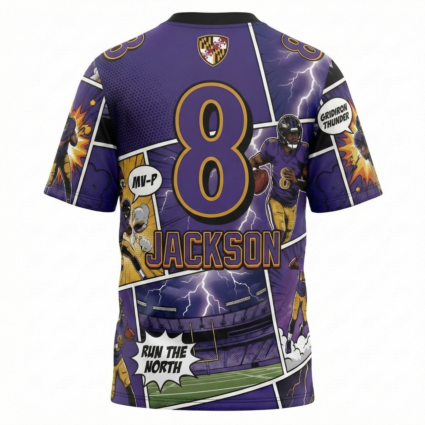 Charm City Football Jersey Men's AOP Maryland Flag Purple Black 90s Comic Art Graphic Streetwear