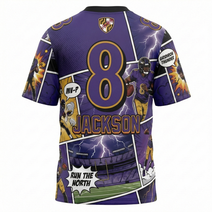 Charm City Football Jersey Men's AOP Maryland Flag Purple Black 90s Comic Art Graphic Streetwear