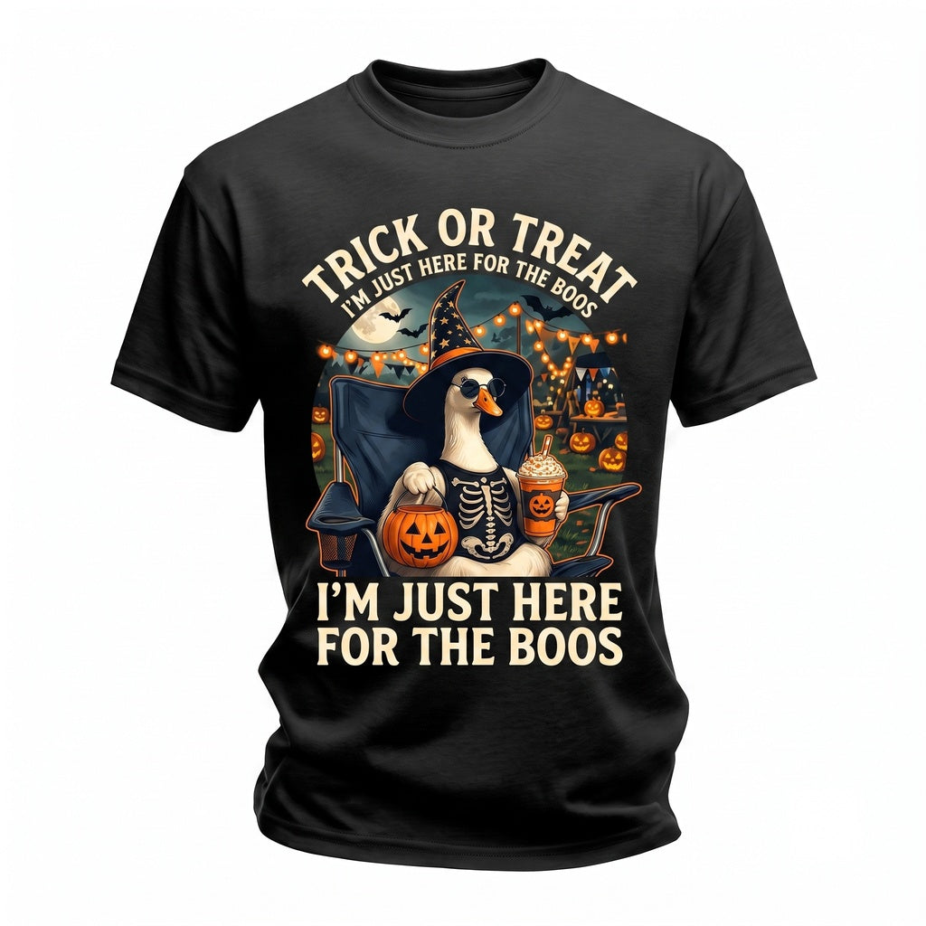 Im Just Here For The Boos Cool Cute Goose Witch Halloween Spooky Season Iced Coffee Unisex TShirt
