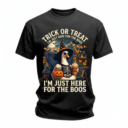 Im Just Here For The Boos Cool Cute Goose Witch Halloween Spooky Season Iced Coffee Unisex TShirt