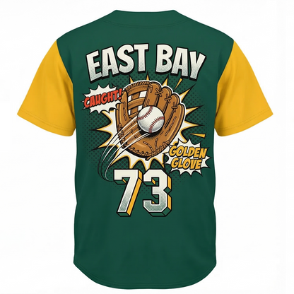 Vintage East Bay Green & Gold Baseball Jersey - Unisex Retro Comic Art Button-Up Shirt