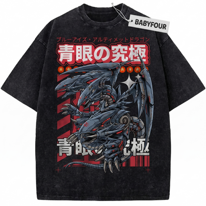 Retro Three Headed Mythical Cyan Dragon Vintage Graphic Tee - Heavyweight Oversized Anime Streetwear Unisex T-shirt