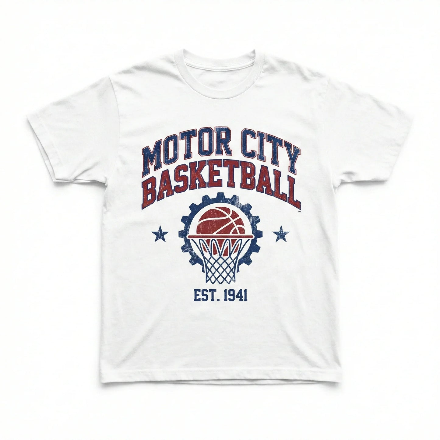 White t-shirt with Motor City Basketball graphic, featuring basketball hoop and gear design.