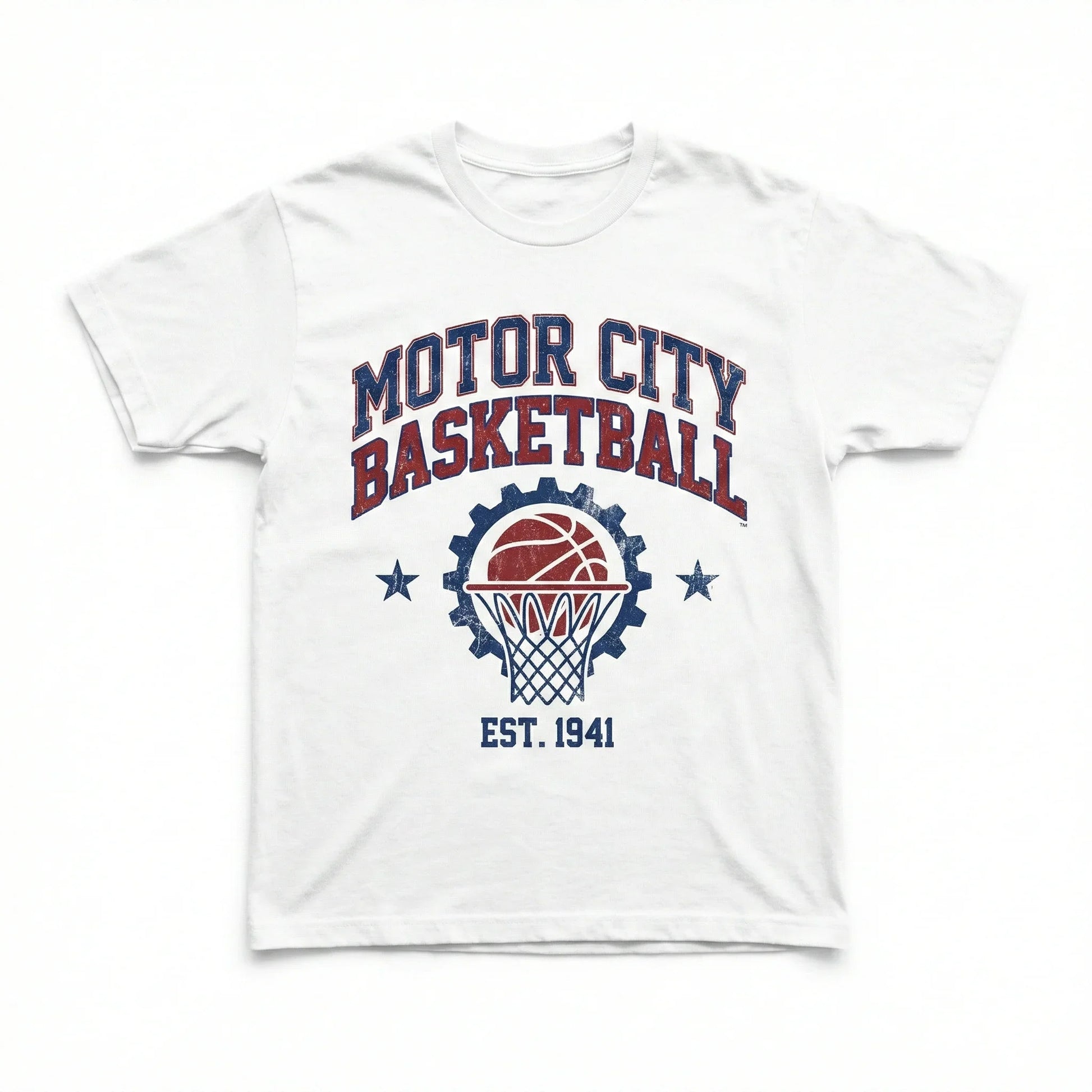 White t-shirt with Motor City Basketball graphic, featuring basketball hoop and gear design.