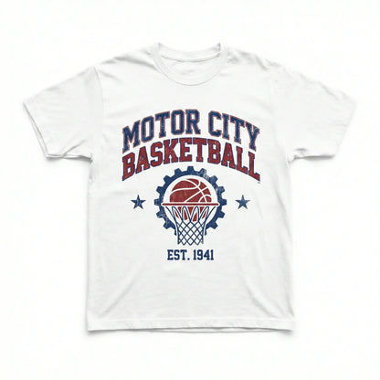 White t-shirt with Motor City Basketball graphic, featuring basketball hoop and gear design.