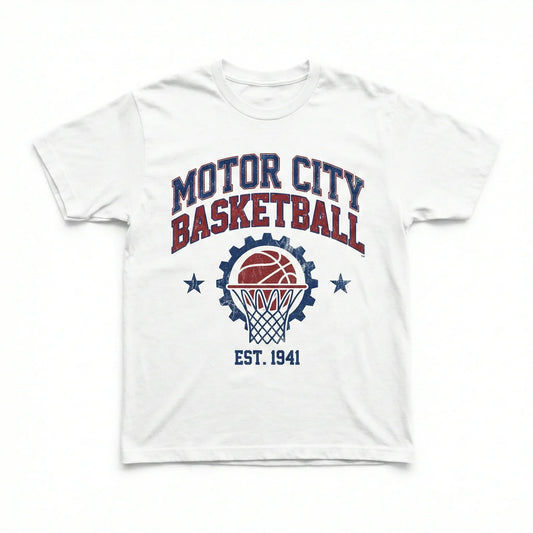 White t-shirt with Motor City Basketball graphic, featuring basketball hoop and gear design.