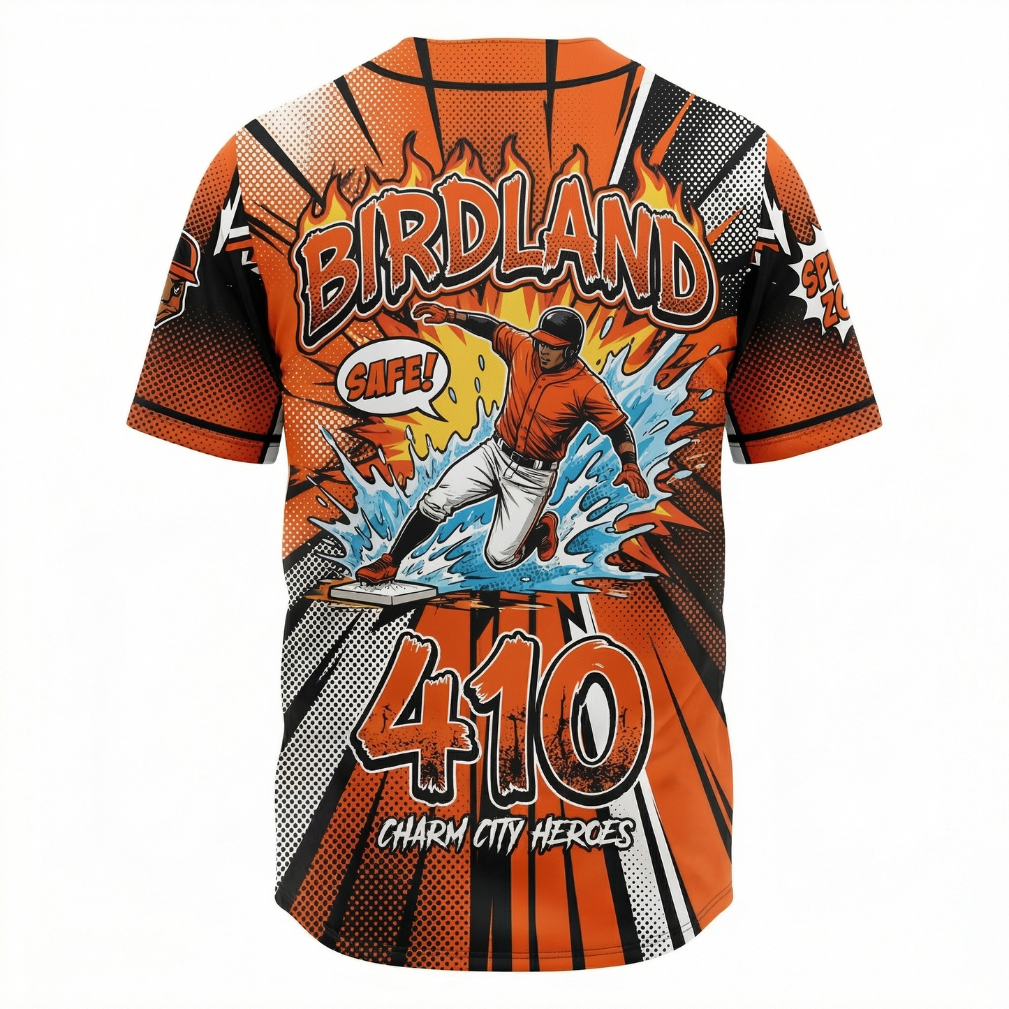 Charm City Baseball Comic Art Button-Up Jersey - Retro Orange & Black Satirical Fan Apparel