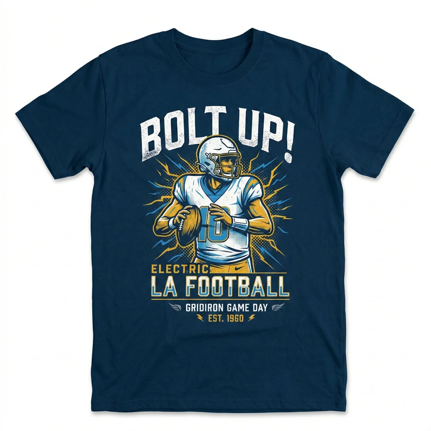 Navy blue t-shirt with graphic of a football player, lightning background, and 'Bolt Up! Electric LA Football' text.
