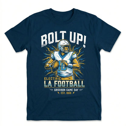 Navy blue t-shirt with graphic of a football player, lightning background, and 'Bolt Up! Electric LA Football' text.